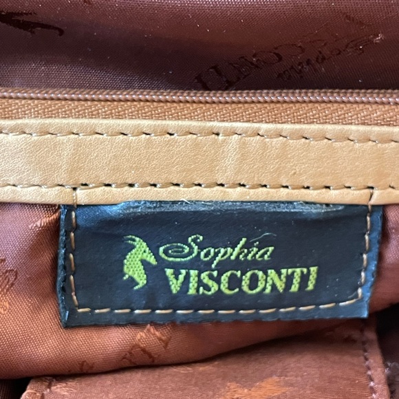 Genuine Soft Leather Sophia Visconti Handbag 13”Lx9”H. Camel and Brown - Picture 3 of 13